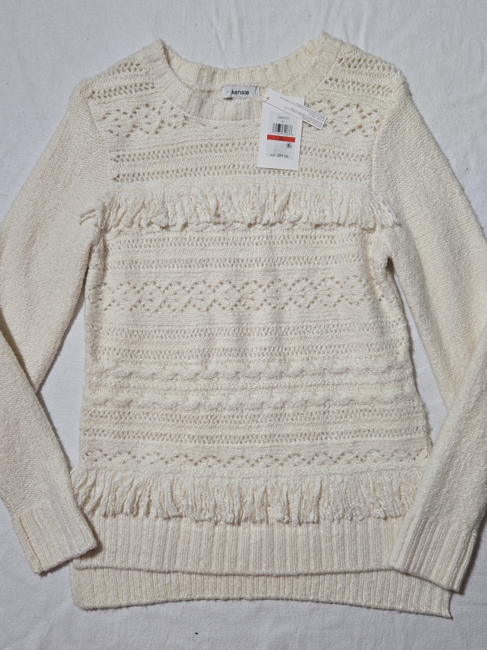 Kensie French Vanilla Textured Fringe Crewneck Sweater